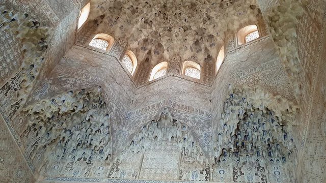 Tilt down shot of Hall of Abencerrajes in Alhambra, Granada, Spain