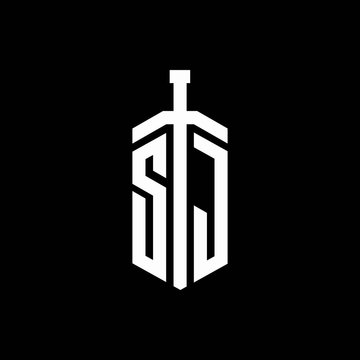 SJ logo monogram with sword element ribbon design template