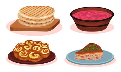 Bulgarian Cuisine National Food Dishes Collection, Grilled Wheat Cakes, Agneshko Stuffed Pie, Banitsa Twisted Pie, Red Beet Soup Vector Illustration
