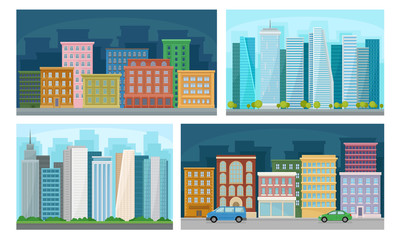 Urban Landscape Set, City Streets with High Skyscrapers and Modern Buildings Vector Illustration