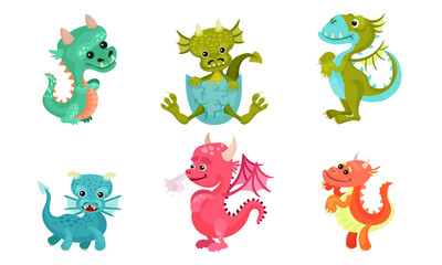 Little Baby Dragons Vector Set. Funny Fantasy Cartoon Characters