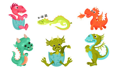Little Baby Dragons Vector Set. Funny Fantasy Cartoon Characters