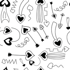 Arrows hearts pattern in black vector illustration. Hand drawn for print.