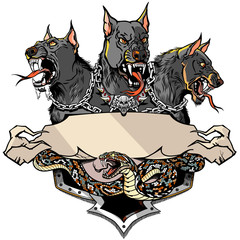 Cerberus hell hound and angry snake. Mythological three headed dog the guard of entrance to hell. Hound of Hades. Logo, banner, emblem with ribbon scroll. Tattoo, Shirt design template. Graphic style 