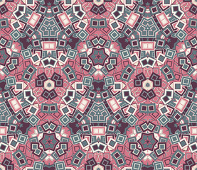 Kaleidoscopic seamless pattern, background. Abstract shapes making up a mosaic texture. Vintage colors. Graphic design element. - 308875183