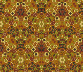 Kaleidoscopic seamless pattern, background. Abstract shapes making up a mosaic texture. Vintage colors. Graphic design element. - 308875189