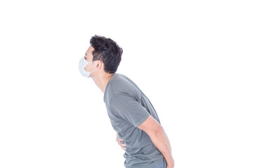 A sick man wear hygienic mask and stomachache.