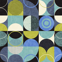 Seamless abstract geometric modern pattern. Retro bauhaus design of circles, squares and textures. Use for backgrounds, fabric design, wrapping paper, scrapbooks and covers. Vector illustration.