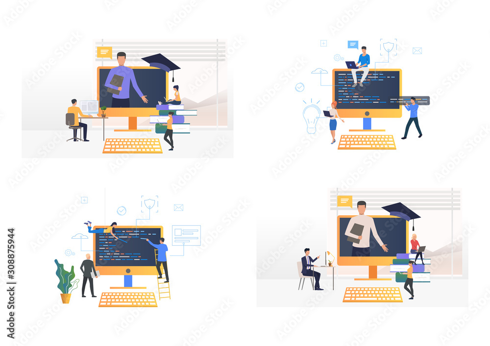 Poster programming studying set. students writing application codes on computer. flat vector illustrations.