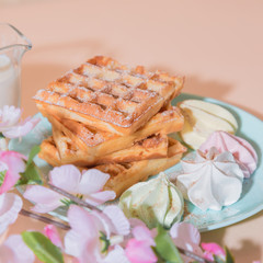 Sweet delicious dessert, homemade baked goods for breakfast. Belgian soft waffles on a blue plate with fresh milk and meringues on a peach-colored background in pastel tone