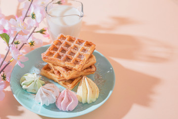Sweet delicious dessert, homemade baked goods for breakfast. Belgian soft waffles on a blue plate with fresh milk and meringues on a peach-colored background in pastel tone