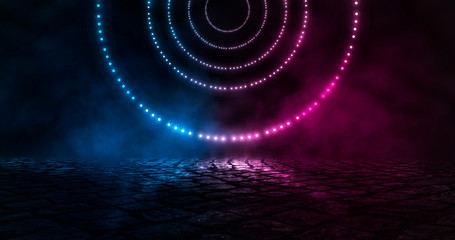 Futuristic abstract blue and pink neon background, luminous geometric figure, element in the center. Background of empty street at night, neon light, asphalt, concrete, smoke, smog.