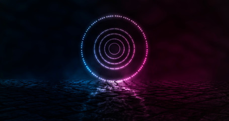 Futuristic abstract blue and pink neon background, luminous geometric figure, element in the center. Background of empty street at night, neon light, asphalt, concrete, smoke, smog.