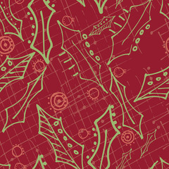 Christmas holly and berries seamless pattern illustration, vector surface pattern design