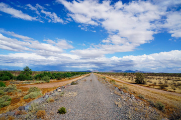 Unpaved road leading straight through desert landscape