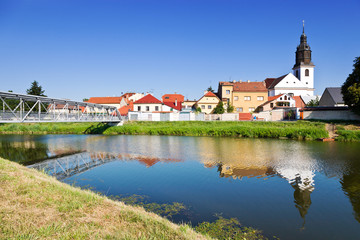 Fototapeta na wymiar church and Morava river, Uhersky Ostroh town, South Moravia, Czech republic