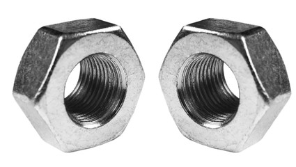 Metal nuts isolated on white background. Chromed screw nuts isolated. Steel nuts isolated. Nuts and...