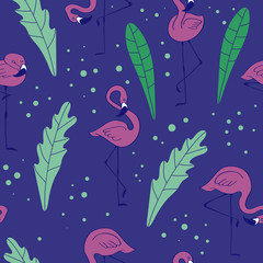 Naklejka premium Exotic seamless pattern with hand drawn pink flamingo and floral elements. Birds and leaves on dark blue background. Vector illustration.