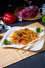 Fried Mie noodles with beef and vegetables.