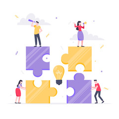 Teamwork concept with tiny people characters working together with big jigsaw puzzle pieces. Teamwork and time management concept flat style design vector illustration isolated on white background.