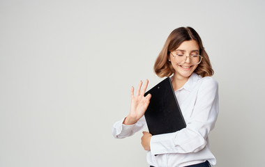 business woman pointing at copy space
