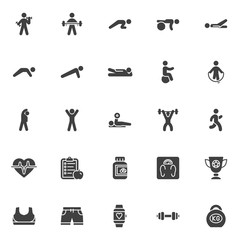 Fitness exercise vector icons set, Sport equipment modern solid symbol collection, filled style pictogram pack. Signs, logo illustration. Set includes icons as weight, kettlebell, barbell, dumbbell