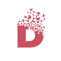 letter D with effect of destruction. Dispersion. Butterfly, moth