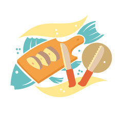 Cutting Board, which are pieces of fish.