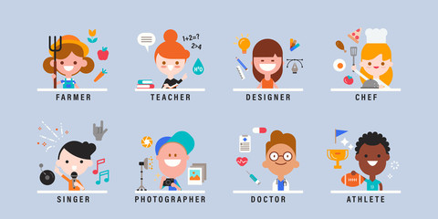 Happy kids with different professions. Smiling boys and girls in various occupations illustration. vector children cartoon character in flat design style.