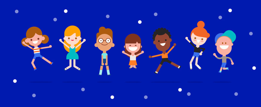 Happy children jumping and dancing. Kids in various posture. Flat design style vector cartoon illustration.