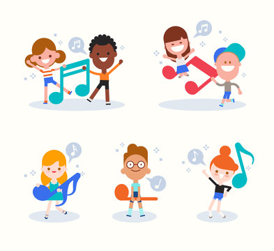 Diversity kids cartoon playing with music notes. Children with musical concept illustration in flat design style.