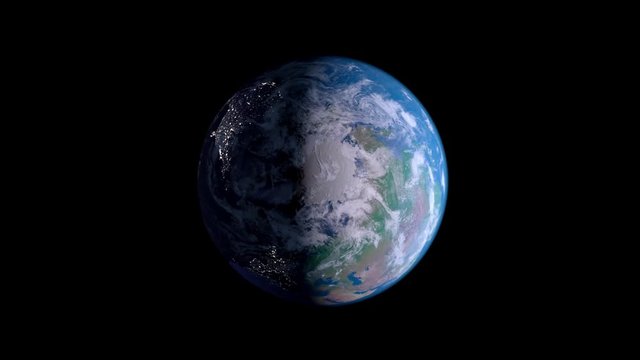 Earth in space. Camera on top of the earth, the center of the North Pole rotates and rotates 360 degrees,alpha channel, with a black background, 4K