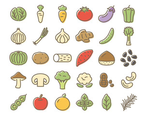 野菜・果物　フードの線画アイコンセット