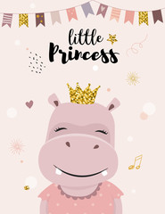 Cute princess hippo on pink background.  Hand drawn vector illustration. Perfect baby shower invitation card, t-shirt print, kids wear fashion design, nursery poster