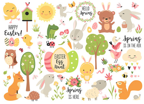 Spring and Easter collection of cute animals, flowers and decorations. Perfect for poster, card, scrapbooking , tag, invitation, sticker kit. Hand drawn vector illustration.