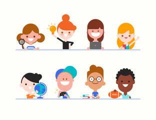 kids character with various objects in flat design style isolated. Diversity children portrait with their hobbies. Vector cartoon illustration.