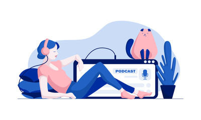 Podcast concept illustration. Webinar, online training, tutorial podcast concept. Young female listening to podcasting sitting on the floor of the house. Vector illustration.