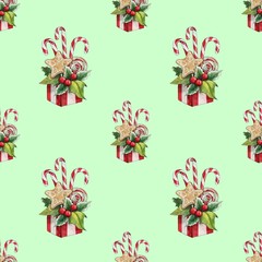 Seamless pattern with Christmas sweets. Great for packaging, postcards, fabric, etc.
