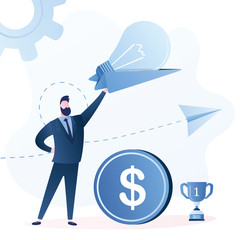 Handsome businessman launches paper airplane with idea bulb. Business coach, teacher or tutor.