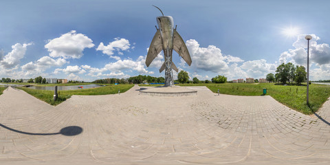 full spherical hdri panorama 360 degrees angle view near old military transport aircraft and fighter airplane monument in equirectangular projection. VR AR content