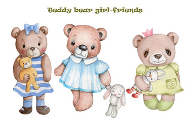 Cute teddy bear girls friends. Watercolor illustration, isolated.