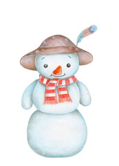 Watercolor hand drawn snowman in brown hat. Isolated.