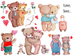 Set of watercolor tedy bears for Valentines Day, lovers. Isolated.