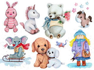 Set of cute watercolor toys. Cute illustration