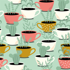 Plants in cups, hand drawn overlapping background. Decorative wallpaper, good for printing. Colorful seamless pattern with houseplants. Illustration vector, house plants in pots