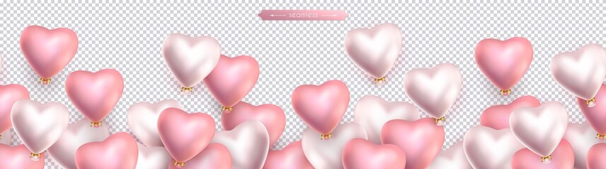 Valentines day, birthday, anniversary seamless border, flying helium pink and pearly balloons in the shape of heart. Horizontal seamless isolated vector pattern, transparent background - 308889779