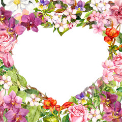 Floral heart with flowers and empty space for your text. Watercolor for Valentine day