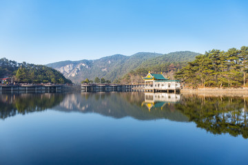 lake and pavilion in lushan mountain
