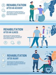 Rehabilitation after Accident, Injury, Illness. Advertising Header Banner Set. Flat Design. Physiotherapist Working with Disabled and Injured People. Recovery. Healthcare. Vector Cartoon Illustration
