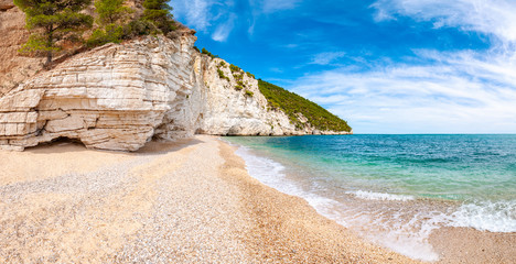 Beautiful pebble beach surrounded by high massive white limestone rocky cliffs eroded by Adriatic sea waves and wind. Green Aleppo pines growing on the rocks. Emerald water washing the coastline